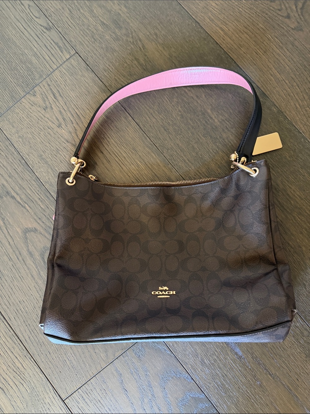 Coach Brown Signature Canvas Shoulder Bag with Pink-Trim Strap